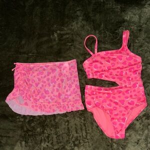 Cat & Jack Pink Heart Print Two-Piece Swim Set with Sheer Skirt